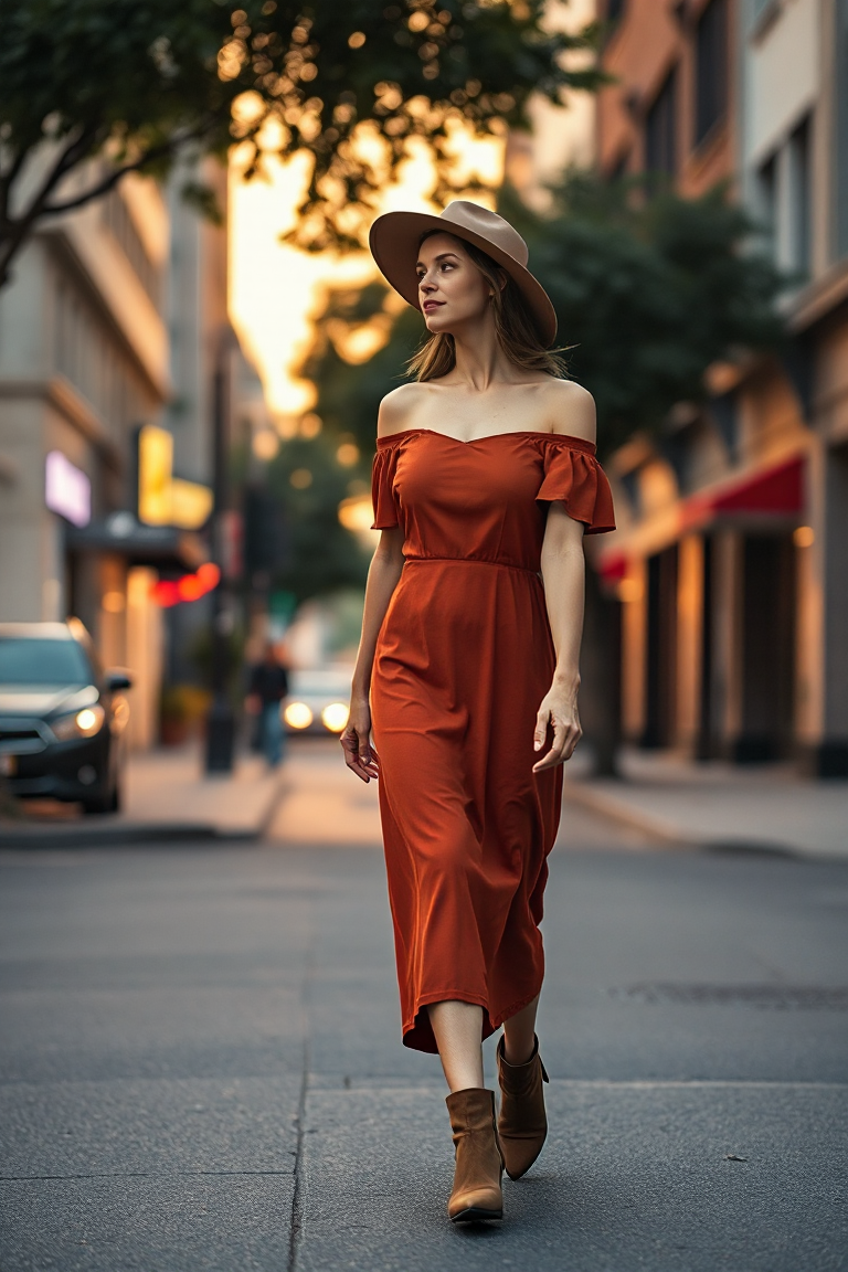 A woman walking through a city street at dusk, wearing a rust-coloured midi dress with an off-the-shoulder nec