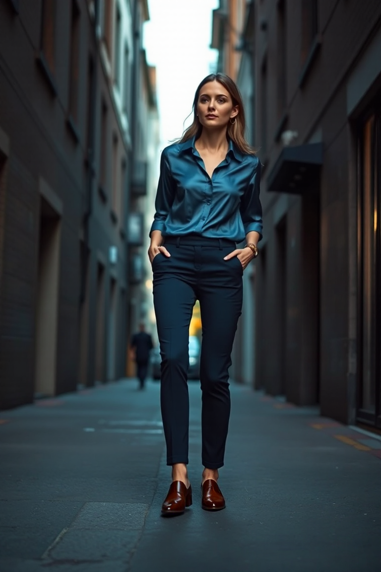 A woman in a slim fit navy trouser with a silk blue blouse and pointed leather oxfords, walking through a styl