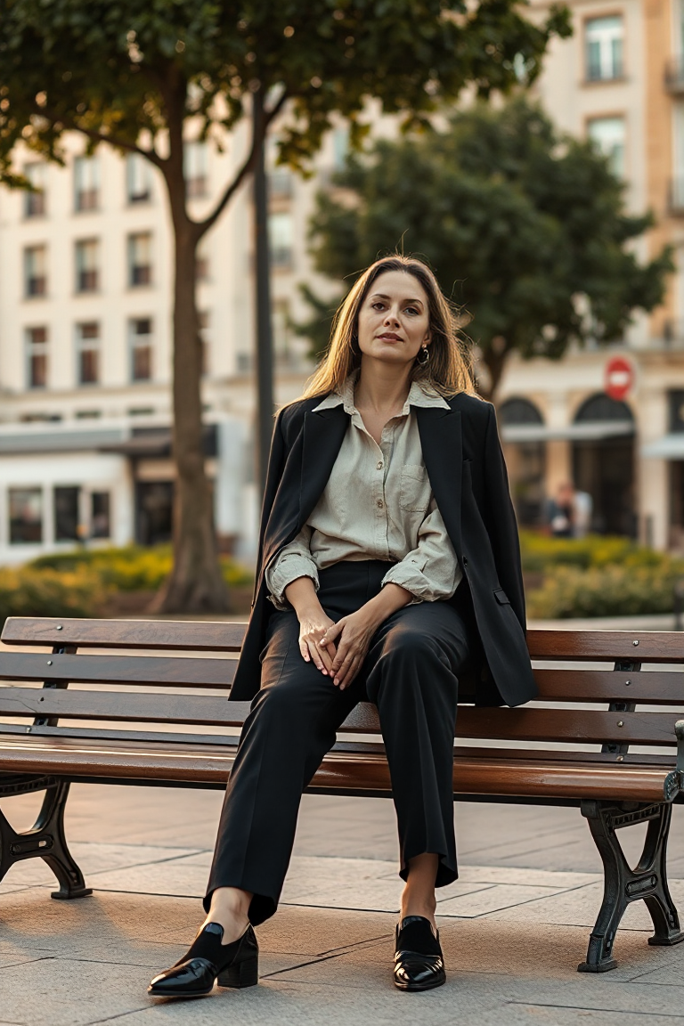 A woman in a beige linen shirt, black tailored trousers, and a structured blazer sitting on a bench in a city 