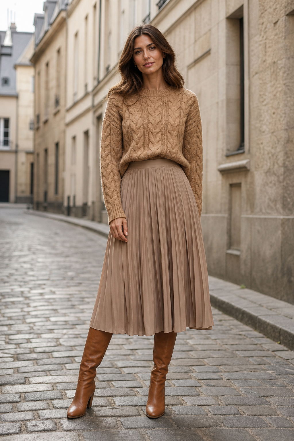 Full-body fashion photo of a woman in a camel cable knit sweater tucked into a flowing pleated midi skirt with