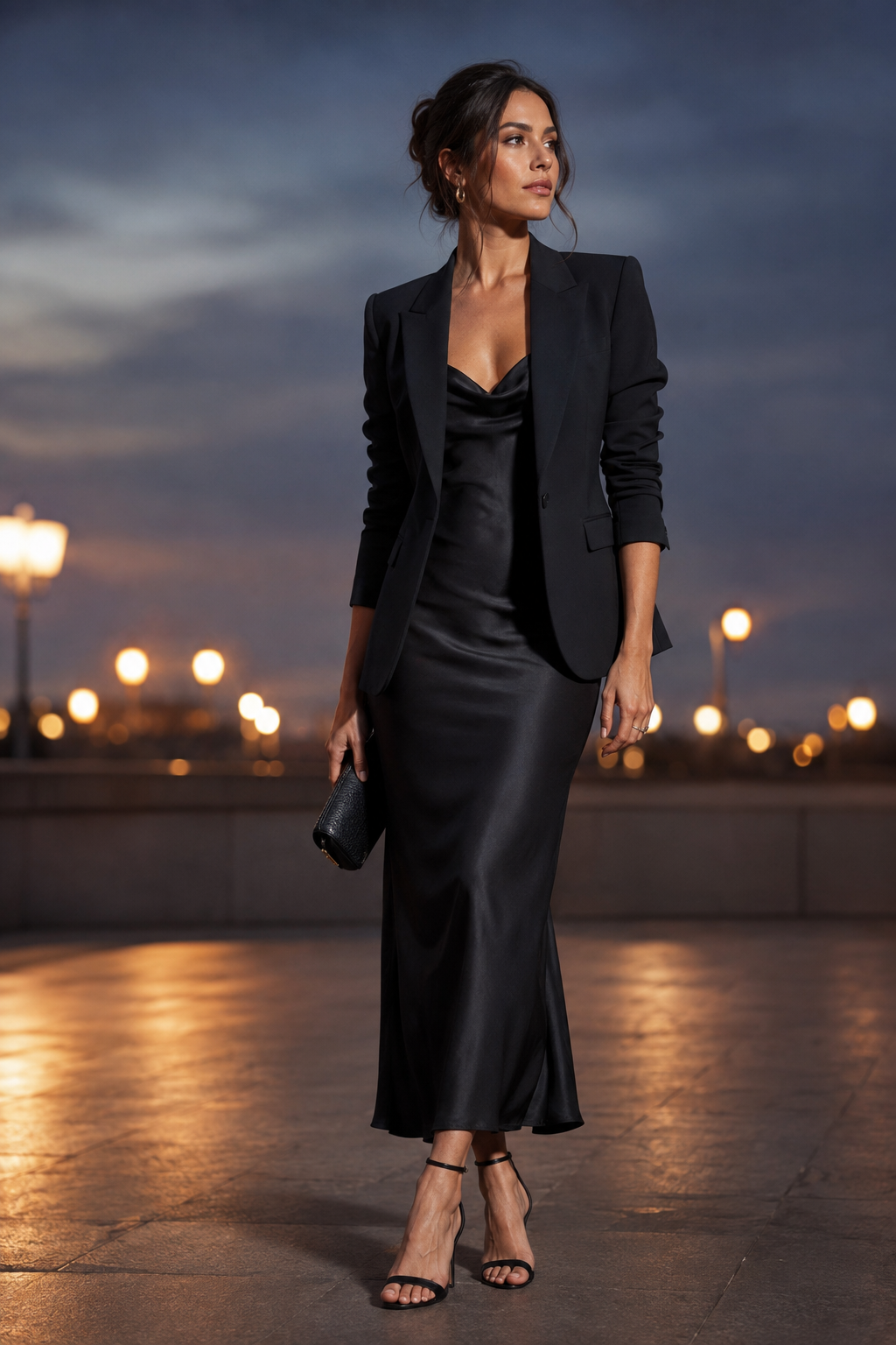 Full-body fashion photo of a woman wearing a black fitted blazer over a slinky satin slip dress with strappy h