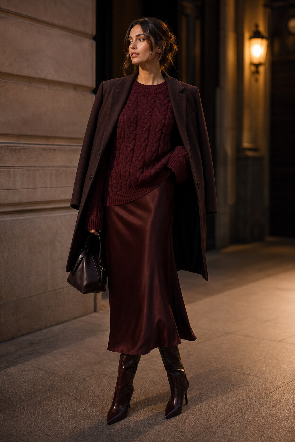 Full-body fashion photo of a woman wearing a burgundy cable knit sweater over a satin slip skirt with pointed