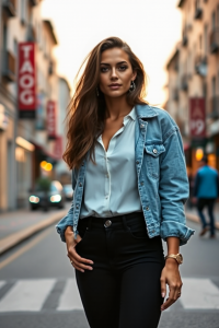 A woman in a black high-waisted skinny jeans paired with a white blouse and a light blue denim jacket, standin