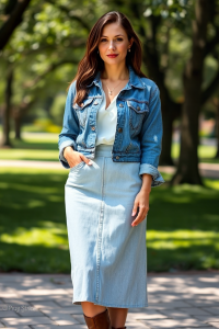 A woman wearing a distressed denim jacket over a light wash high-waisted skirt, paired with a white silk blous