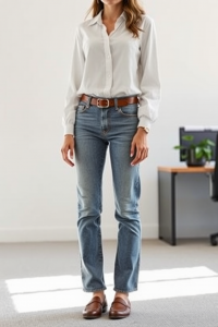 A woman wearing a pair of straight-leg jeans with a crisp white blouse, a classic leather belt, and loafers, s