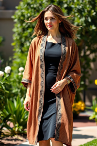 A woman in a flowing kaftan coat over a fitted black dress, standing in a sunlit garden with a light breeze bl