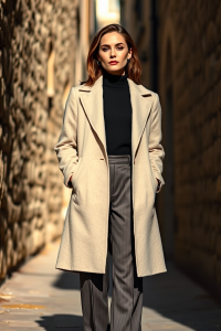 A woman in a cream wool coat over a black turtleneck and tailored trousers, standing in a sunlit urban alley w