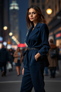 A woman in a monochromatic outfit of various shades of navy, standing in a chic cityscape with a blurred crowd