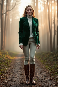 A woman in a deep emerald green velvet blazer, cream knit sweater, and brown leather boots, standing on a mist