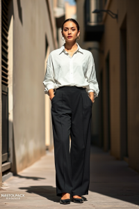 A woman in a white oversized linen shirt tucked into high-waisted black wide-leg trousers, standing in a sunli
