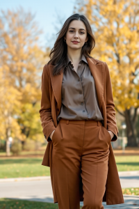 A woman wearing a taupe blouse paired with caramel-coloured trousers and a chestnut brown coat, standing in an