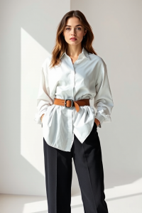 A woman wearing an oversized white shirt paired with high-waisted black trousers and a brown belt, standing in