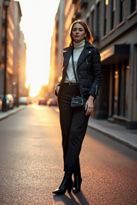 A woman standing on a quiet city street at golden hour, wearing a slim-fit black puffer jacket over a white tu
