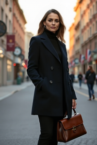 A woman in a tailored navy wool coat with a fitted black turtleneck and slim black trousers, standing on a qui