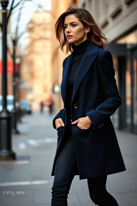 A woman wearing a fitted navy blazer coat over a black turtleneck and slim black jeans, walking through a city