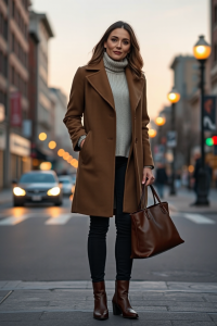 A woman in a knee-length wool coat standing on a city street at dusk, wearing a cream oversized knit sweater,