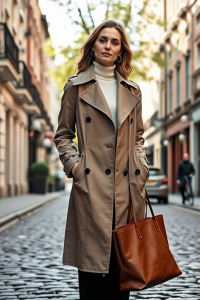A woman in a knee-length trench coat, standing on a cobblestone street in London, sunlight filtering through t