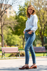 A woman in a crisp white button-down shirt, rolled-up sleeves, paired with high-waisted slim jeans and brown l