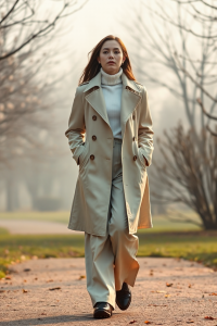 A woman in a cream trench coat, white turtleneck, and wide-leg trousers walking through a misty park in early