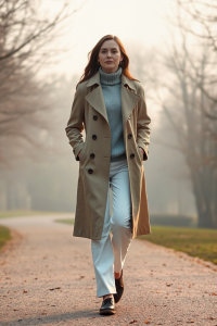 A woman in a beige trench coat, light grey sweater, and white trousers walking through a misty park at dawn, s