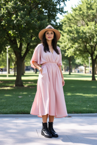 A woman standing in a sunlit city park wearing a flowing blush pink midi dress, black combat boots, and a wide
