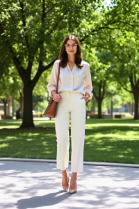 A woman in a cream cropped wide-leg trouser and a matching silk blouse, standing in a sunlit urban park with d