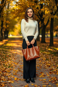 A woman in a cream cashmere sweater, black wide-leg trousers, and black ankle boots stands in a sunlit autumn