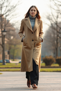 A woman in a long beige wool coat, paired with a soft grey turtleneck, high-waisted black wide-leg trousers, a