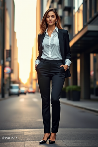 A woman in a tailored slim fit black trouser with a crisp white button-down shirt, standing in a modern city s