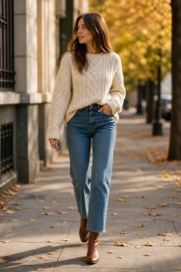 Full-body fashion photo of a woman wearing an oversized cream cable knit sweater loosely tucked into high-wais